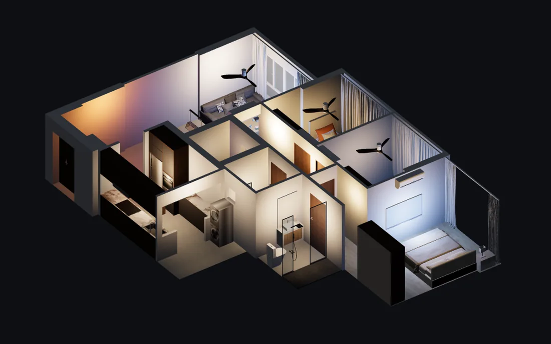 A 3D cutaway of a completed home, each room lit by its own smart lighting scene
