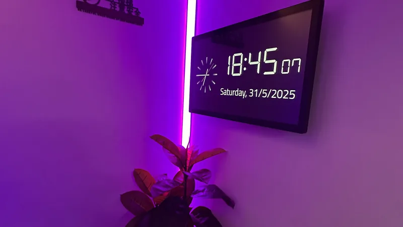 Concealed LED strip lighting a corner of an HDB flat, beside a wall clock display.